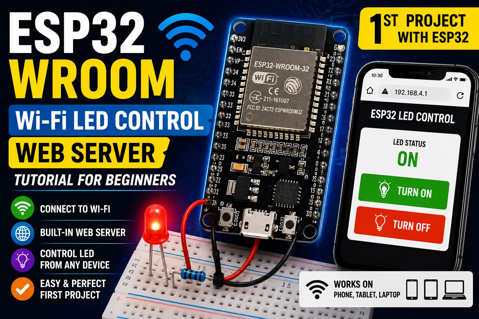ESP32 (WROOM) Wi-Fi LED Control Web Server Tutorial for Beginners